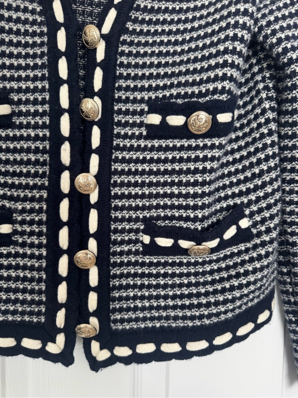 Elie Tahari Navy and White Alta Cardigan Wool/Cashmere - Picture 3 of 12